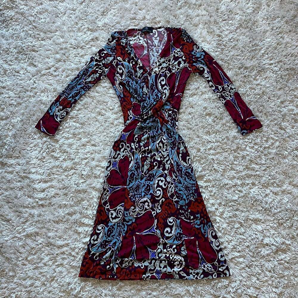 Rena Lange Y2k Flattering Twist-Front Jersey Midi Dress Multi-Color Print Small